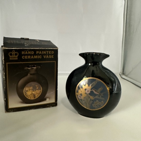 Deville Hand Painted Ceramic Vase Black Floral Bird - Picture 1 of 3